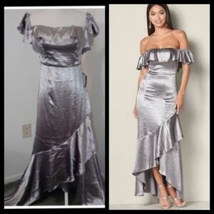 NWT Silver Metallic Princess Long Ruffle Classic Chic Dress with Shawl Size 6●